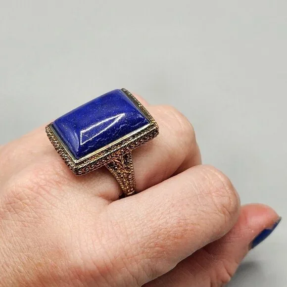 Lapiz Lazuli Rectangle Cocktail Ring RI China 925 Size 8 Sterling Silver - Picture 10 of 12